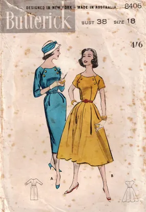 Butterick 8406 Womens Button Trimmed Full Skirt or Sheath Dress 1950s Vintage Sewing Pattern Size 18 Bust 38 inches