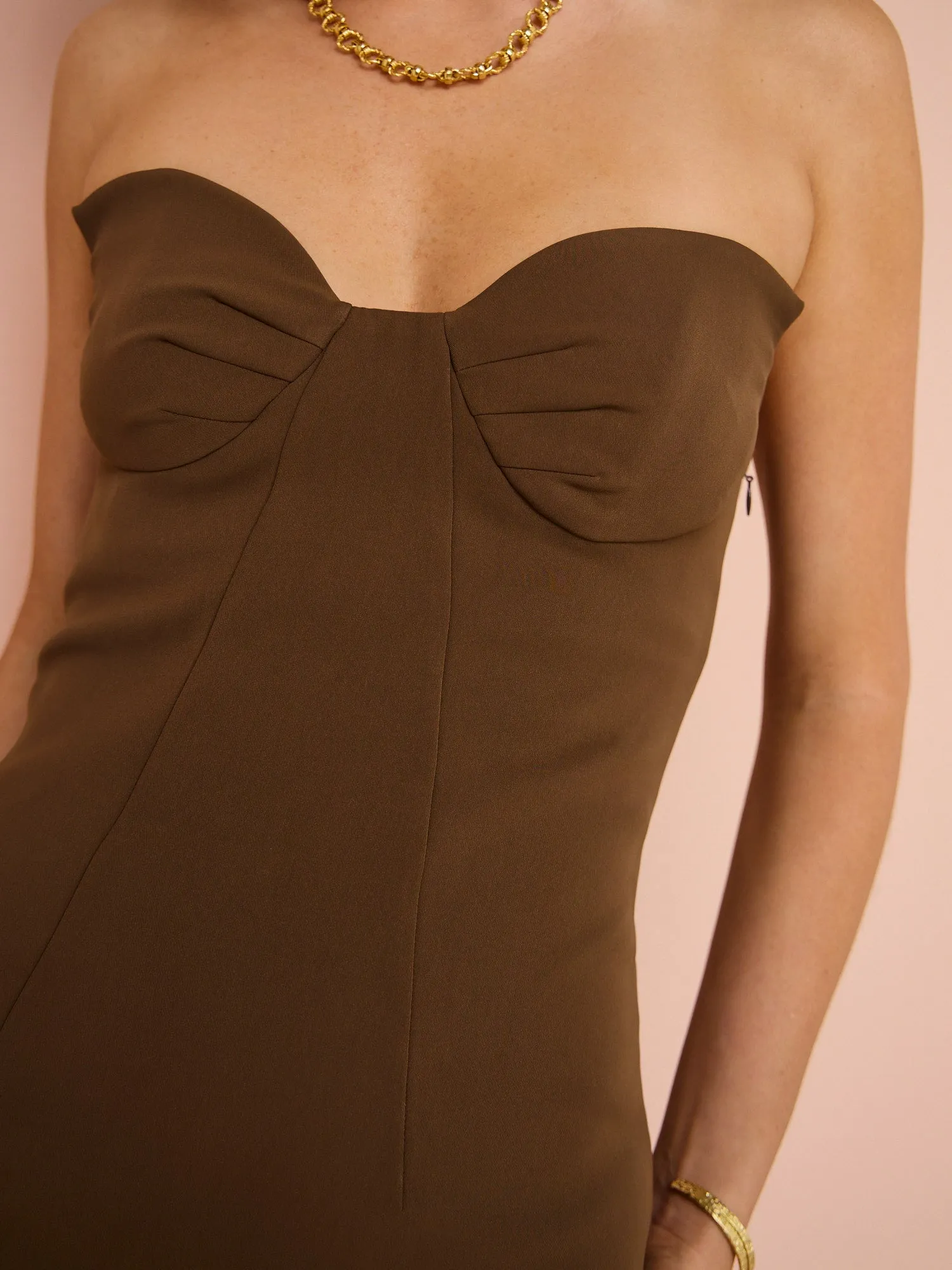 By Johnny Sahana Shell Shape Strapless Midi Dress in Chocolate