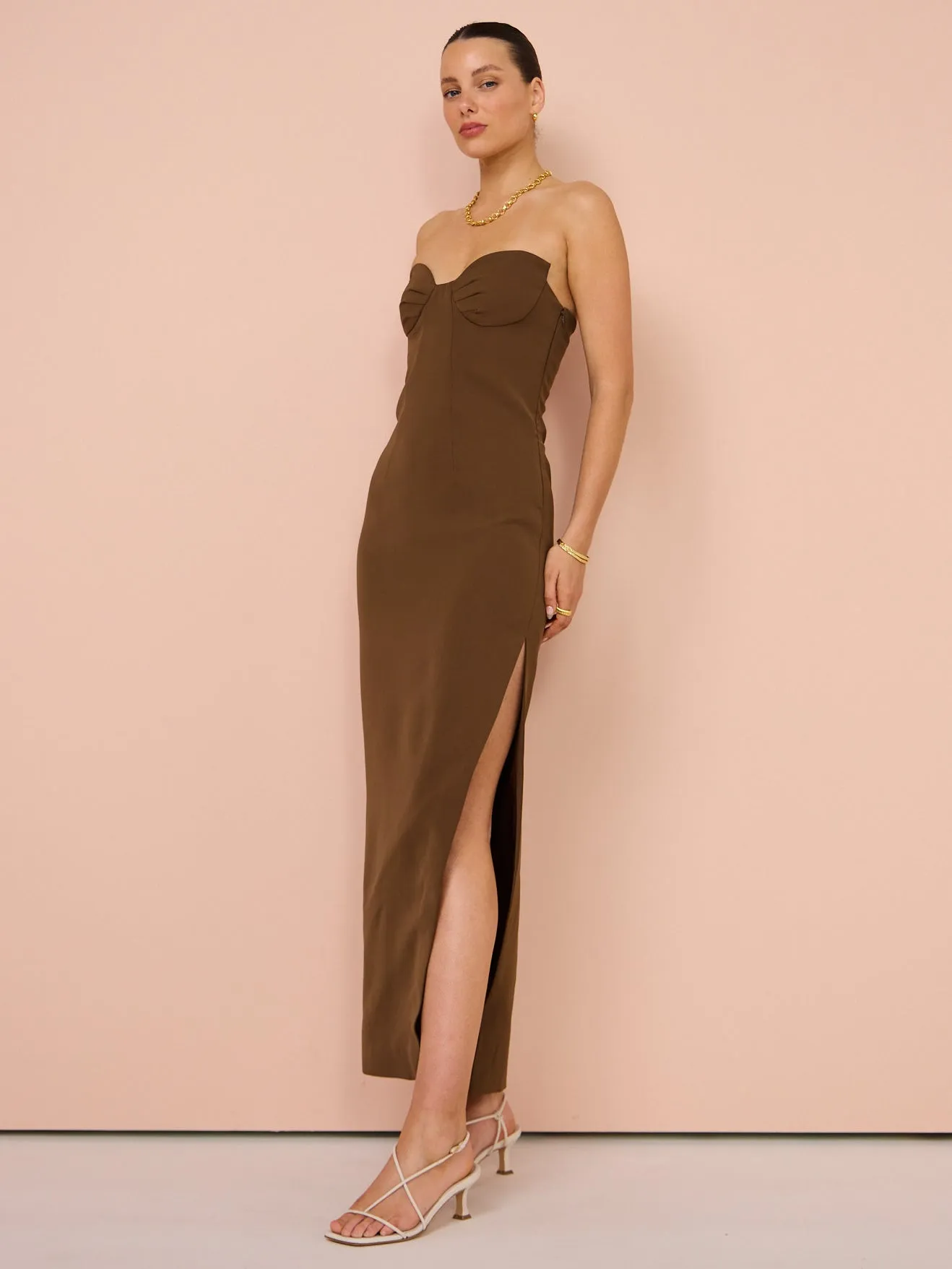 By Johnny Sahana Shell Shape Strapless Midi Dress in Chocolate