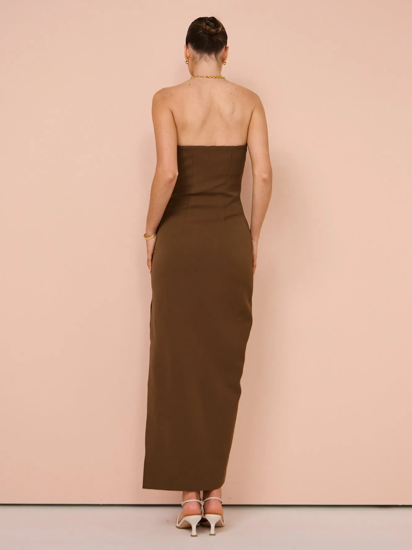 By Johnny Sahana Shell Shape Strapless Midi Dress in Chocolate