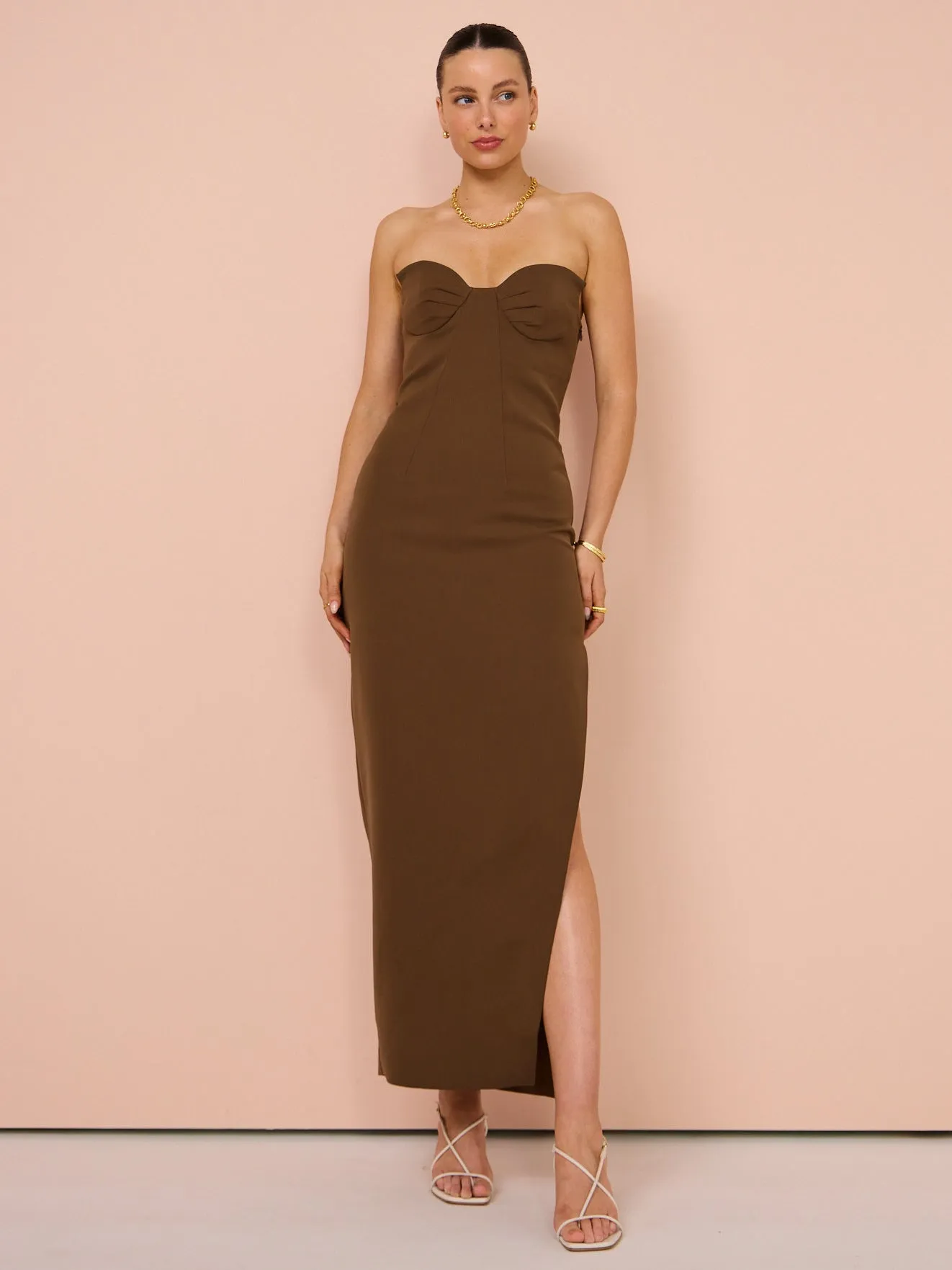 By Johnny Sahana Shell Shape Strapless Midi Dress in Chocolate