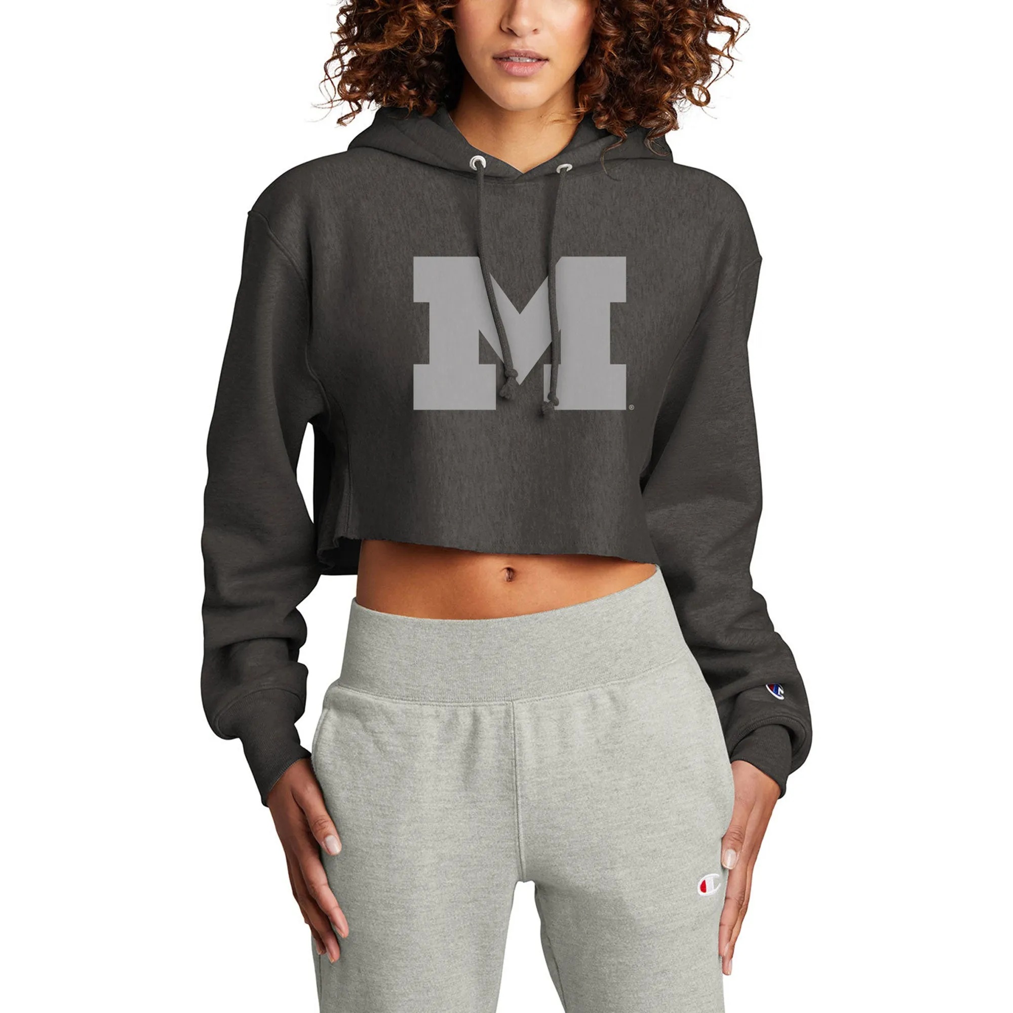 Champion Michigan Tone Block M Women’s RW Crop Hoodie - Charcoal Heather