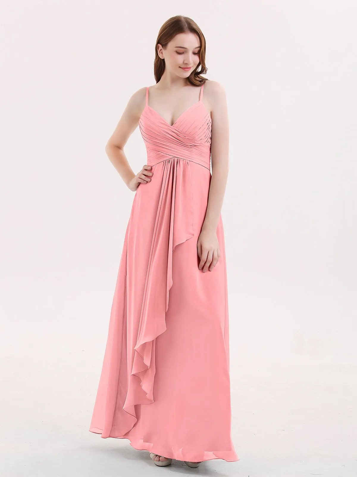 Chiffon Bridesmaid Dresses with Cascade Skirt-Flamingo