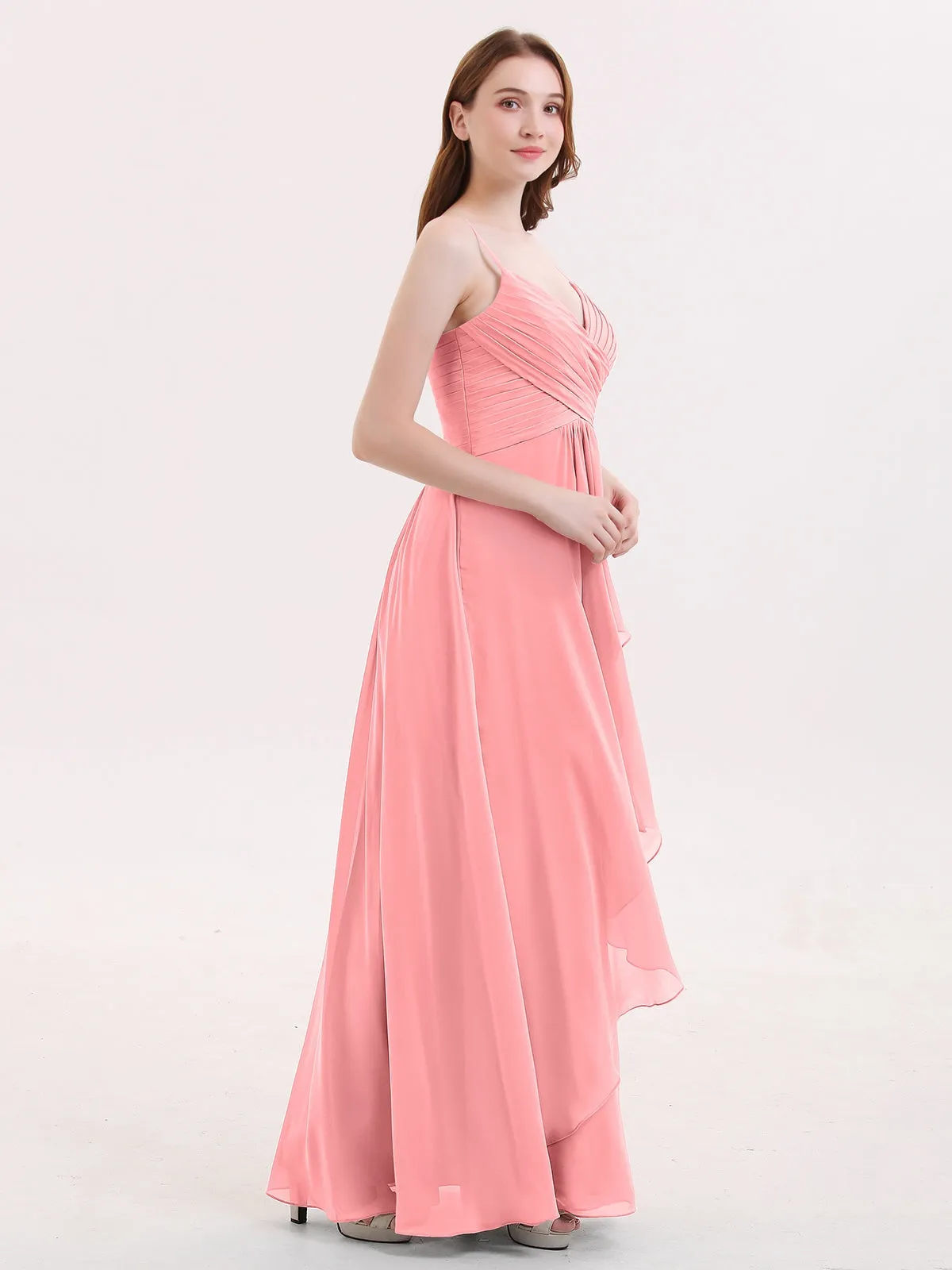 Chiffon Bridesmaid Dresses with Cascade Skirt-Flamingo