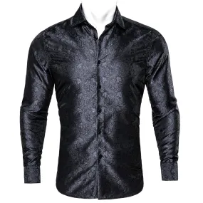 Classic Black Paisley Silk Men's Long Sleeve Shirt