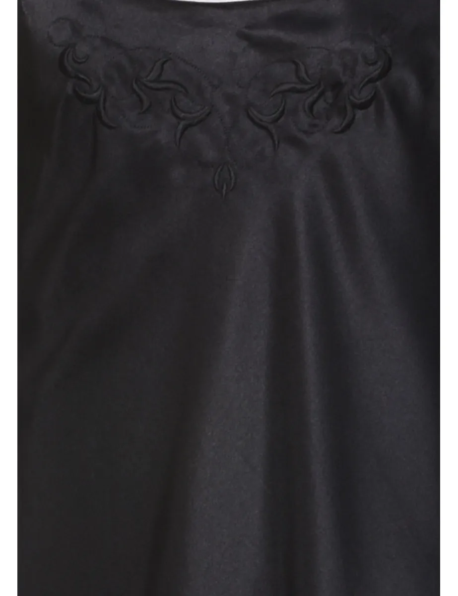 Classic Black Silky Embroidered Slip Dress - M