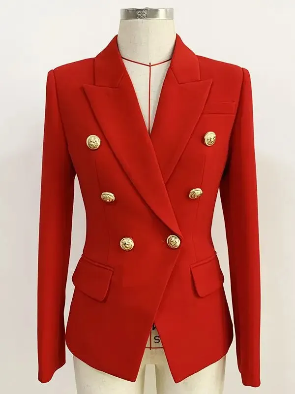 Classic Red Slim Fitting  Designer Blazer Jacket with Gold Metal Lion Buttons