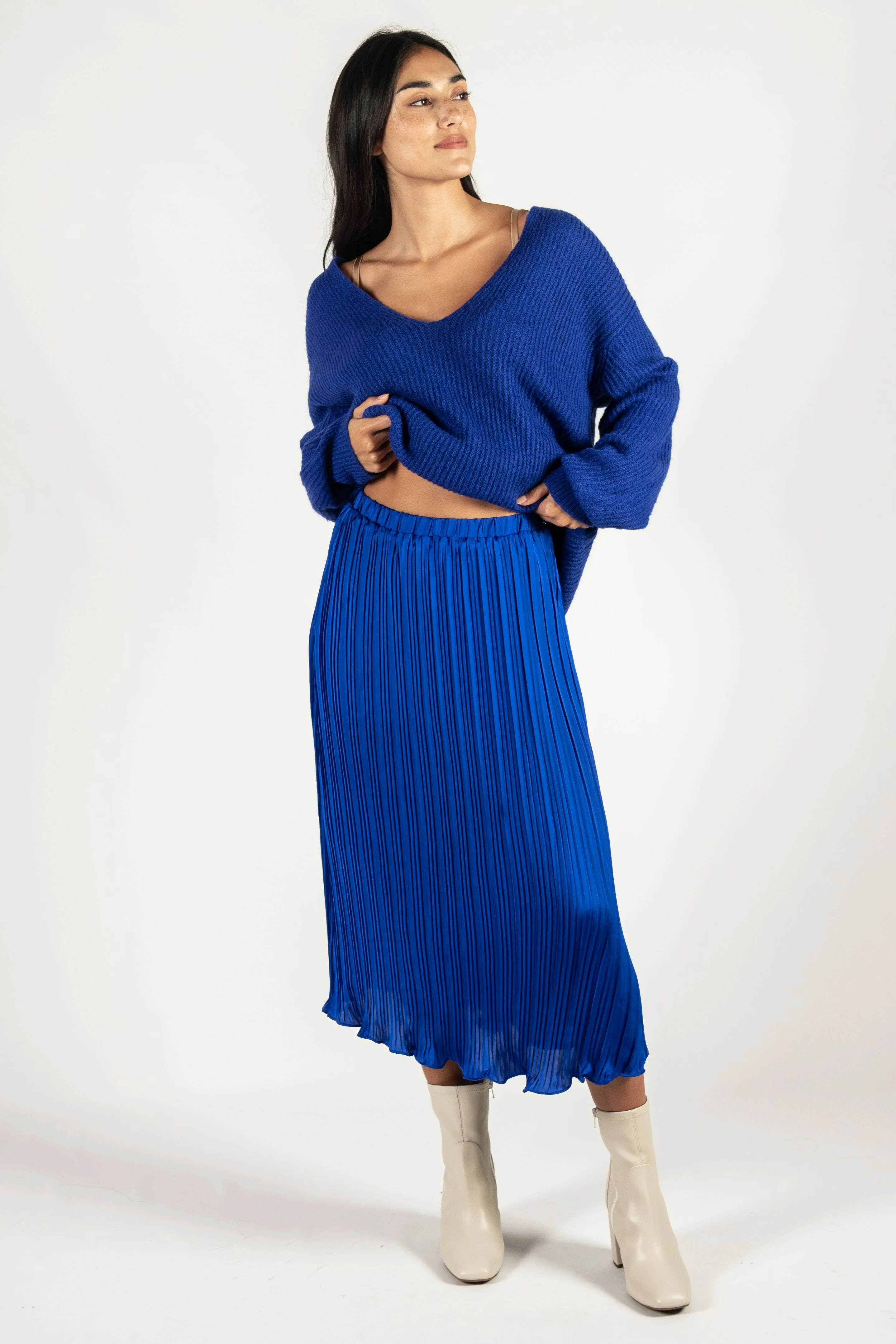 Cobalt Pleated Satin Midi Skirt