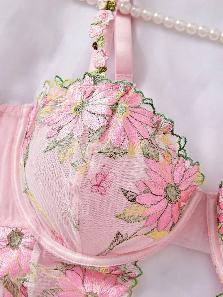 Coquette Lingerie Dress Pink Floral Embroidery