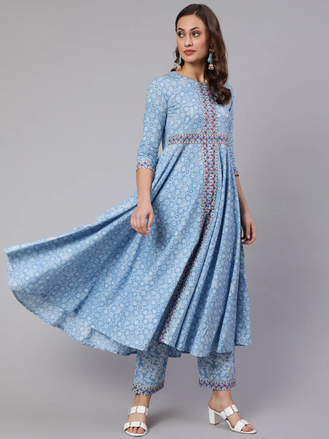 Cotton Printed Ankle Length Flared Round Neck Kurta, Pants With Dupatta Set