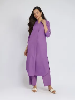 Cotton Solid Band Collar Kurta Set - Purple