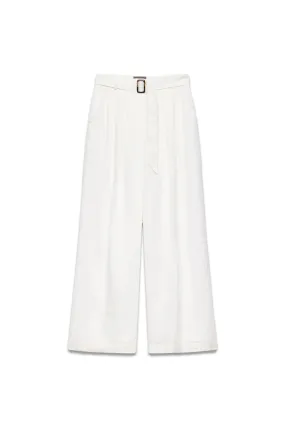 Cream Linen Belt Wide Trousers