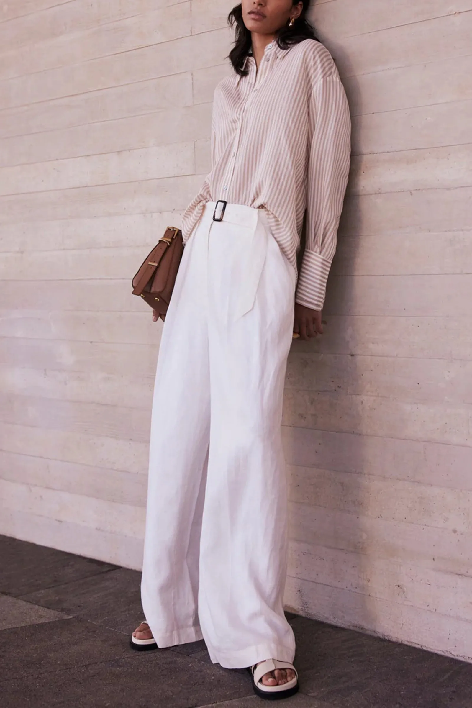 Cream Linen Belt Wide Trousers