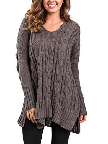 Crew Neck Cable Knit Irregular Side Split Loose Oversized Long Sweater