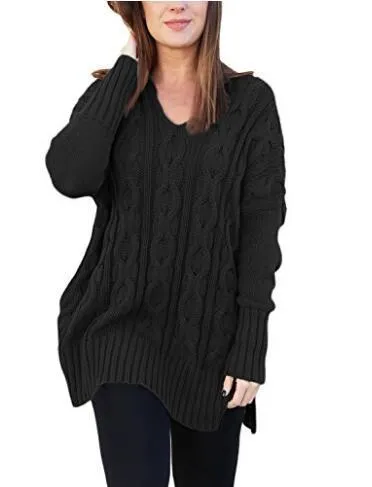 Crew Neck Cable Knit Irregular Side Split Loose Oversized Long Sweater