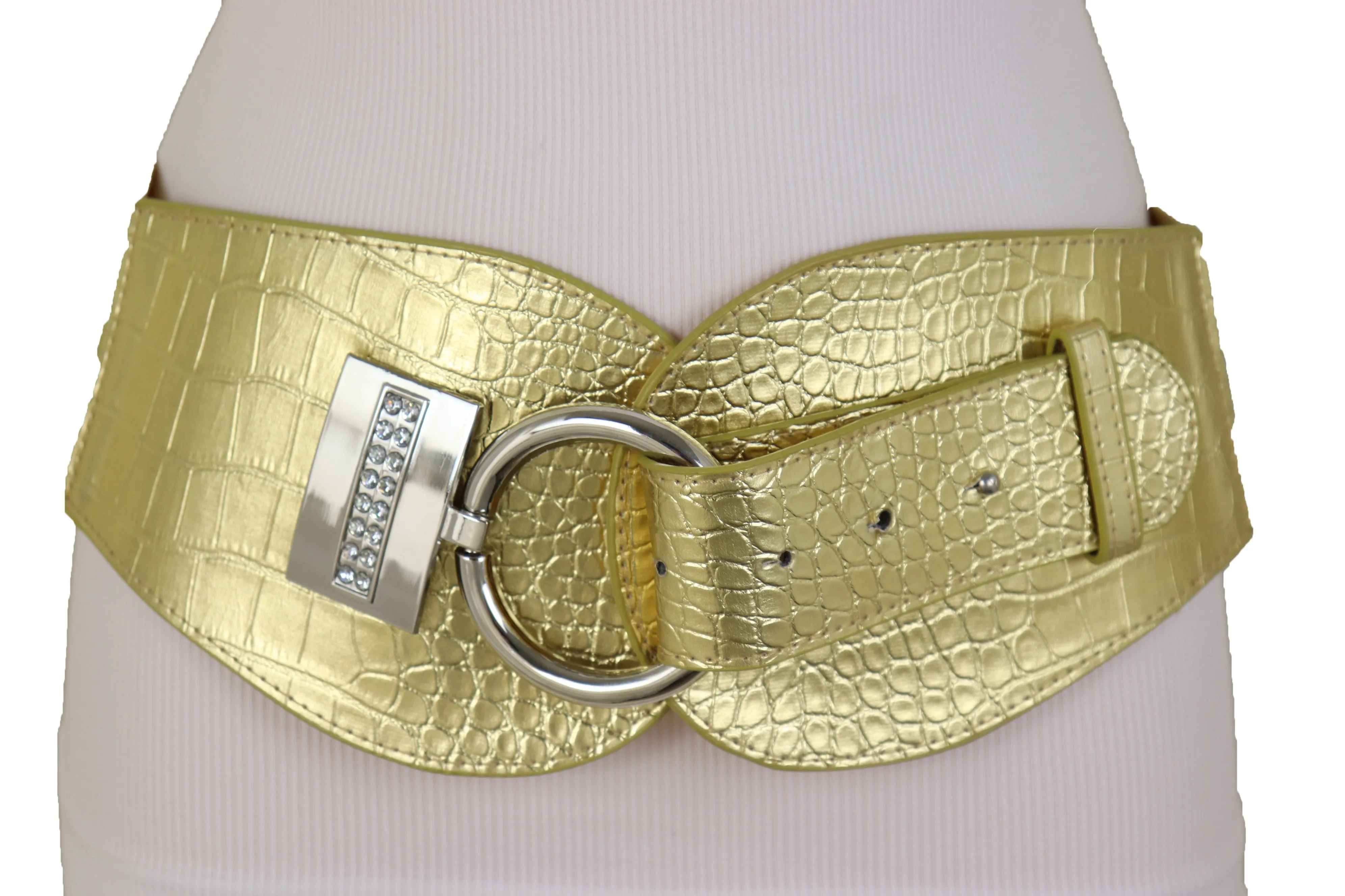 Crocodile Stamped Gold Faux Leather Elastic Waist Silver Ring Buckle Belt Size S M