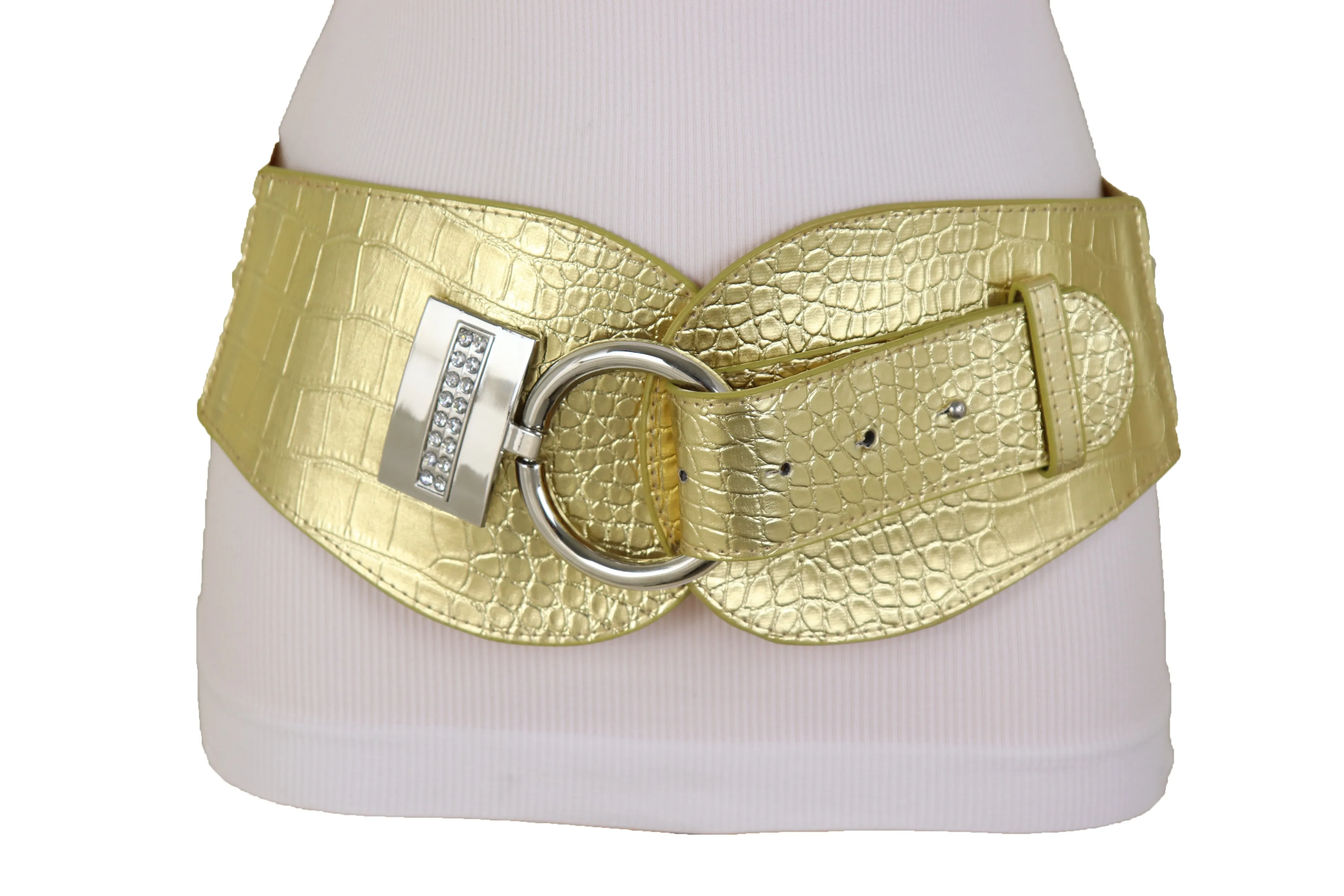 Crocodile Stamped Gold Faux Leather Elastic Waist Silver Ring Buckle Belt Size S M