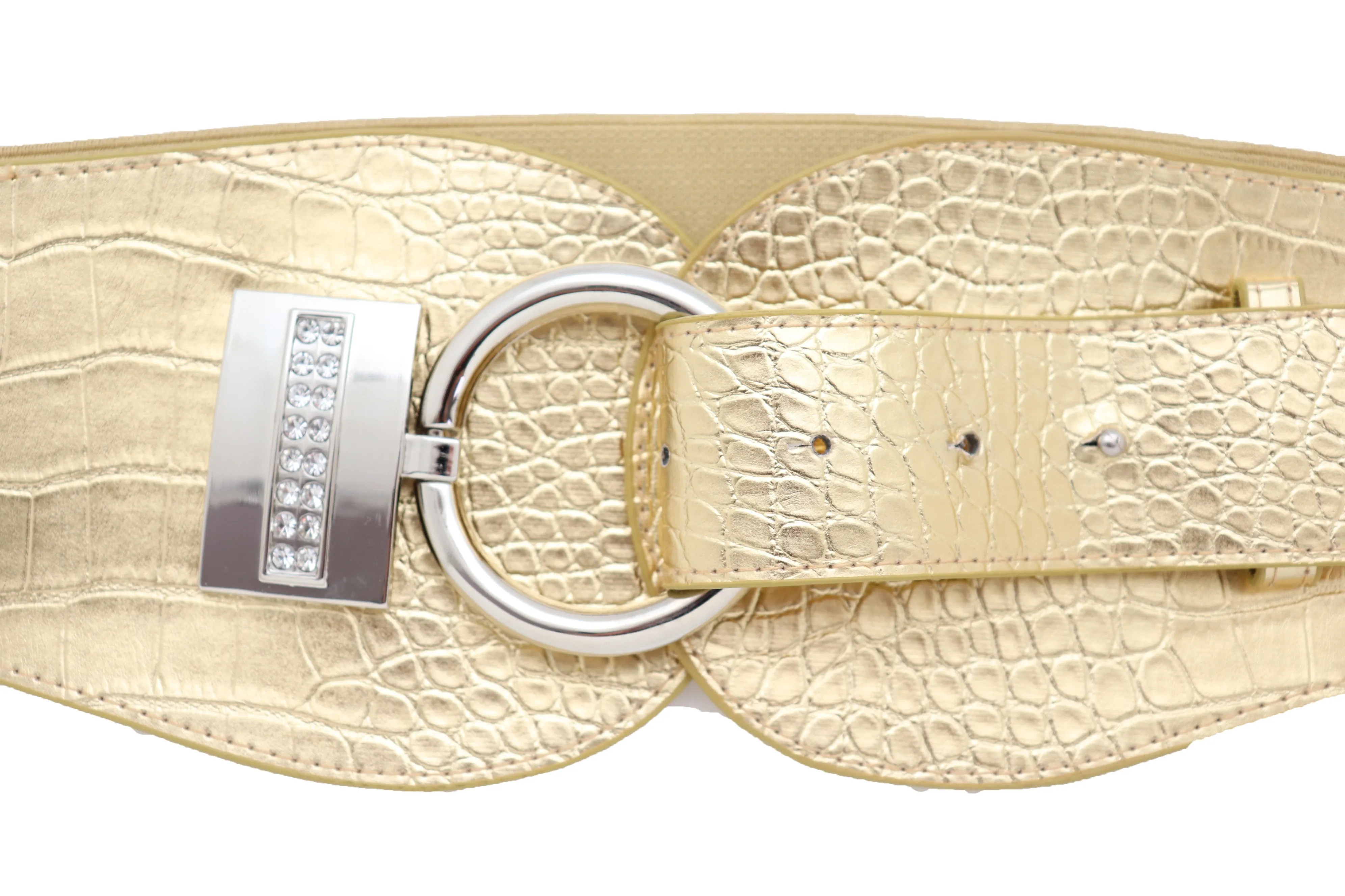 Crocodile Stamped Gold Faux Leather Elastic Waist Silver Ring Buckle Belt Size S M