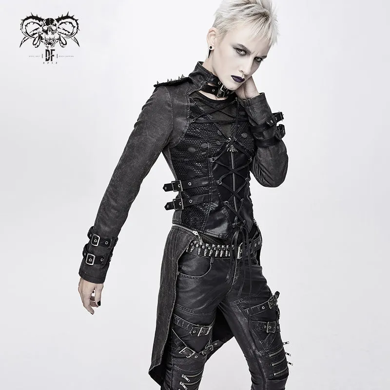 CT131 five-pointed star spiked zipper up punk mesh women coat with loops