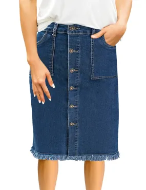 Dark Blue Frayed Hem Button-Down Midi Denim Skirt