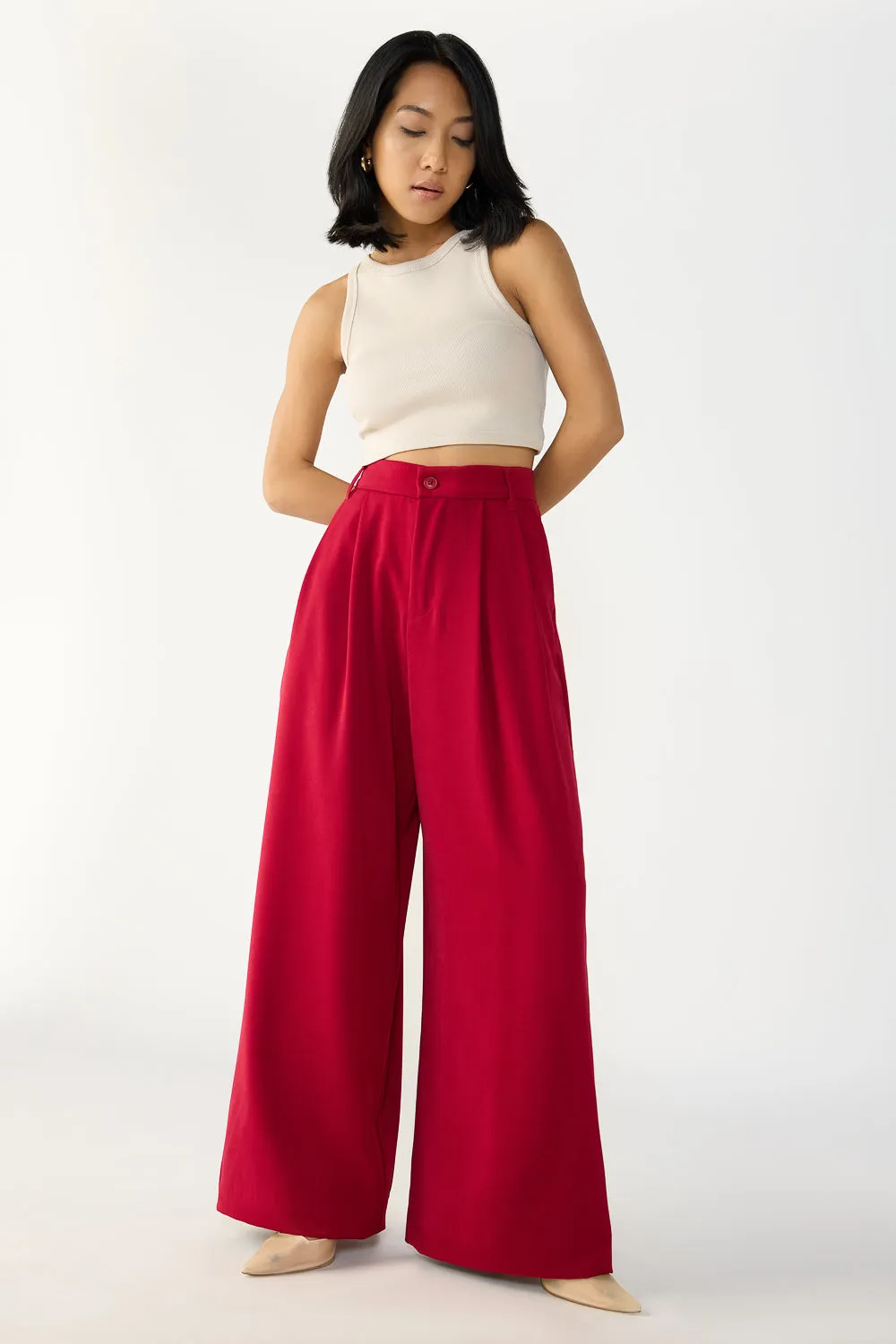 Deep Red Flared Formal Korean Pants