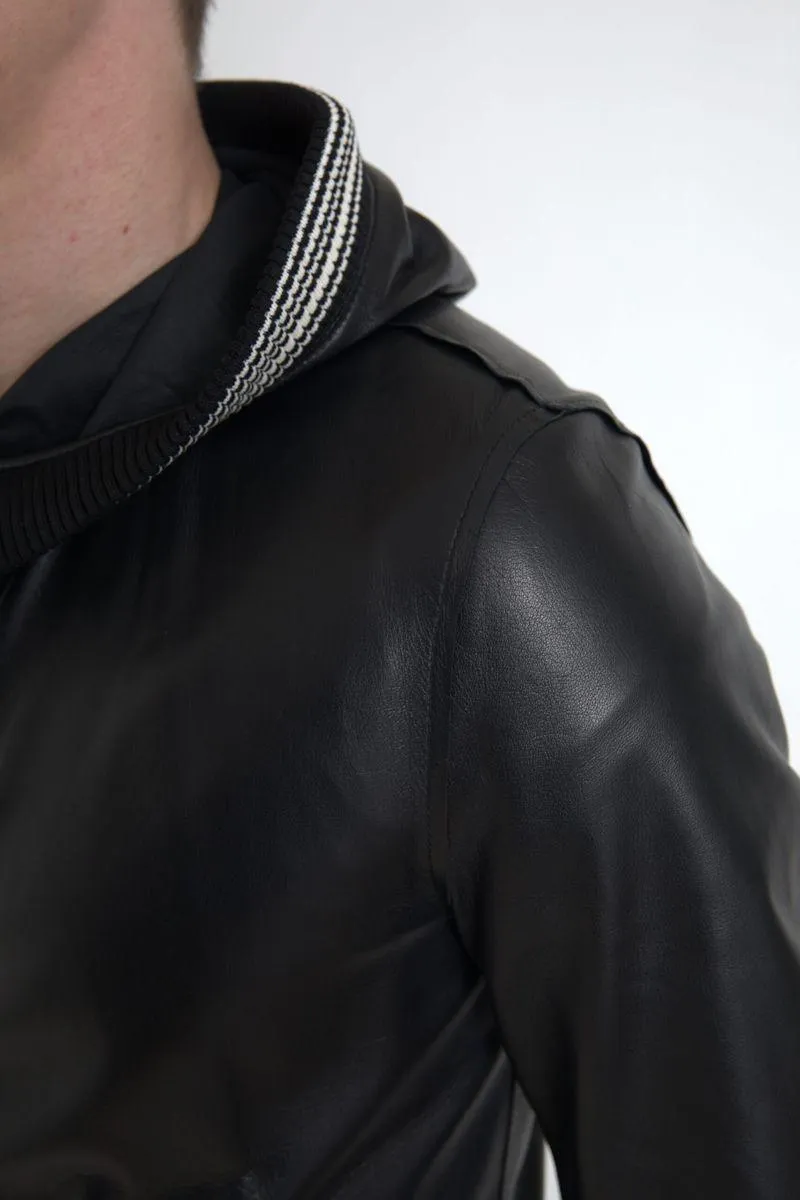 Dolce & Gabbana Black Leather Full Zip Hooded Men Jacket