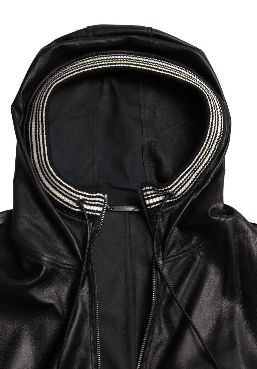 Dolce & Gabbana Black Leather Full Zip Hooded Men Jacket