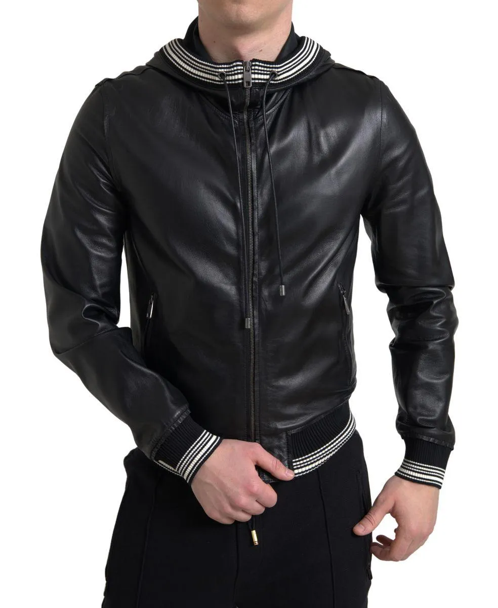 Dolce & Gabbana Black Leather Full Zip Hooded Men Jacket