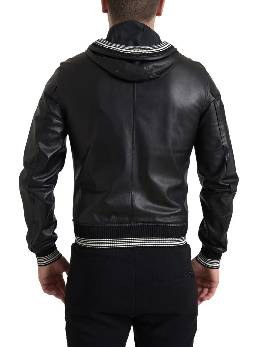 Dolce & Gabbana Black Leather Full Zip Hooded Men Jacket