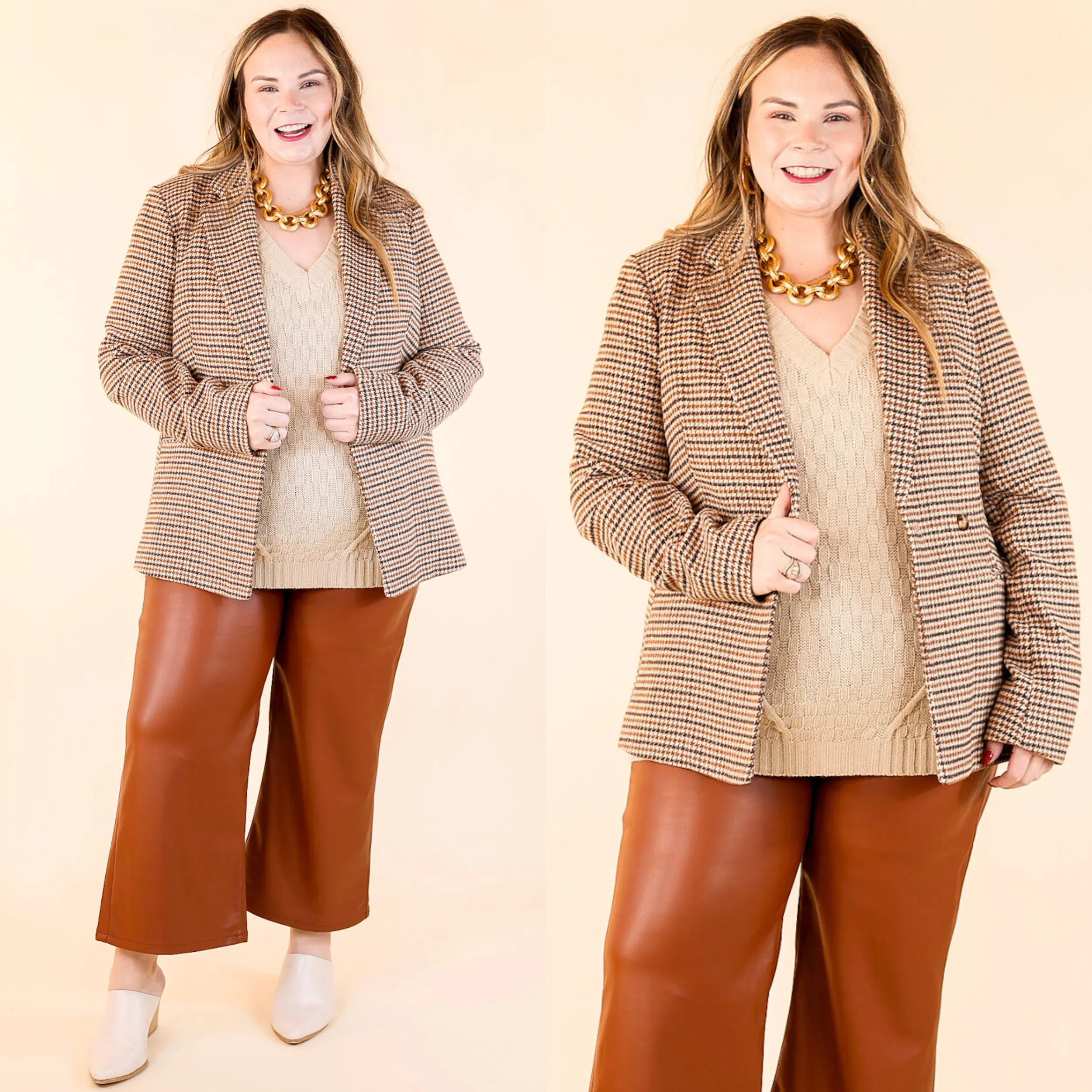 Downtown Holiday Houndstooth Double Button Blazer in Beige Mix