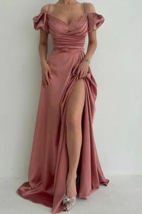 Elegant Dusty Rose Off-the-shoulder A-line Prom Dress With Slit      fg1928