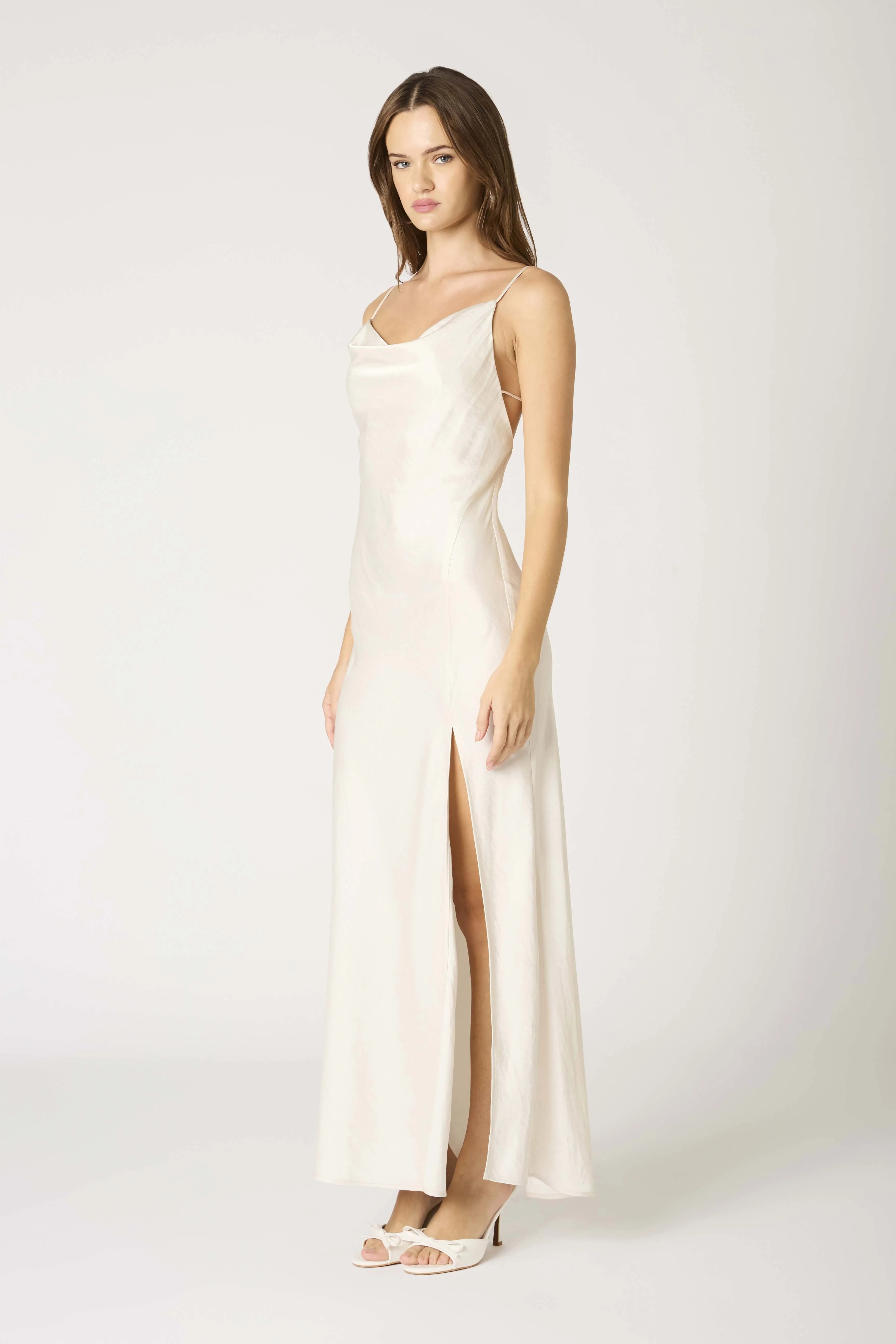 Elodie Cowl Satin Slip Maxi Dress Formal Gown - Pearl