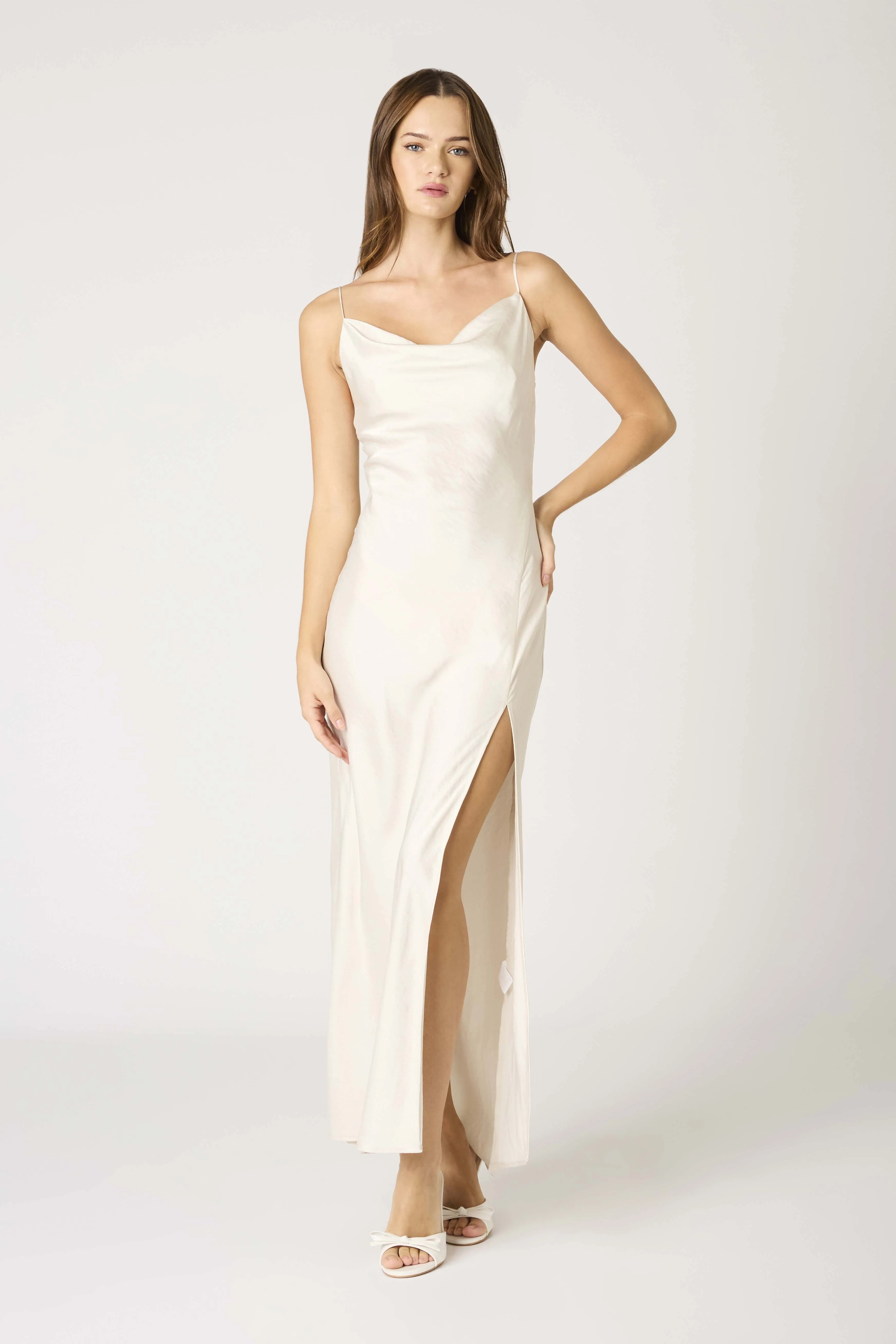 Elodie Cowl Satin Slip Maxi Dress Formal Gown - Pearl