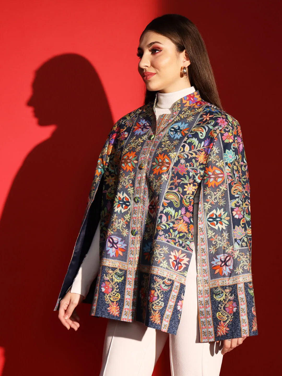 ethnic cape jacket for women with kalamkari embroidery