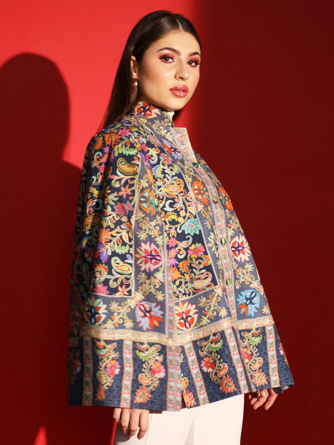 ethnic cape jacket for women with kalamkari embroidery