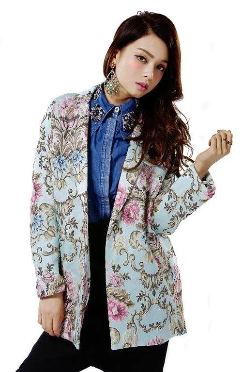 FINAL SALE Limited edition jacquard vintage embroidered pastel blue blazer- Hanako