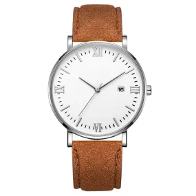 Flavio Classic Elegant Watch with White Dial and Brown Belt