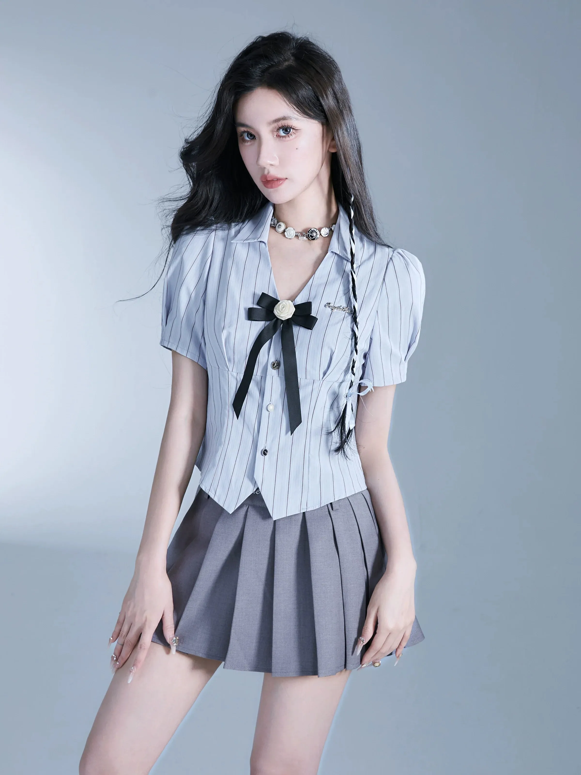 Fragile Heart Preppy Duo: Gray Pleated Mini Skirt and Bow-Tie Cropped Blouse Set