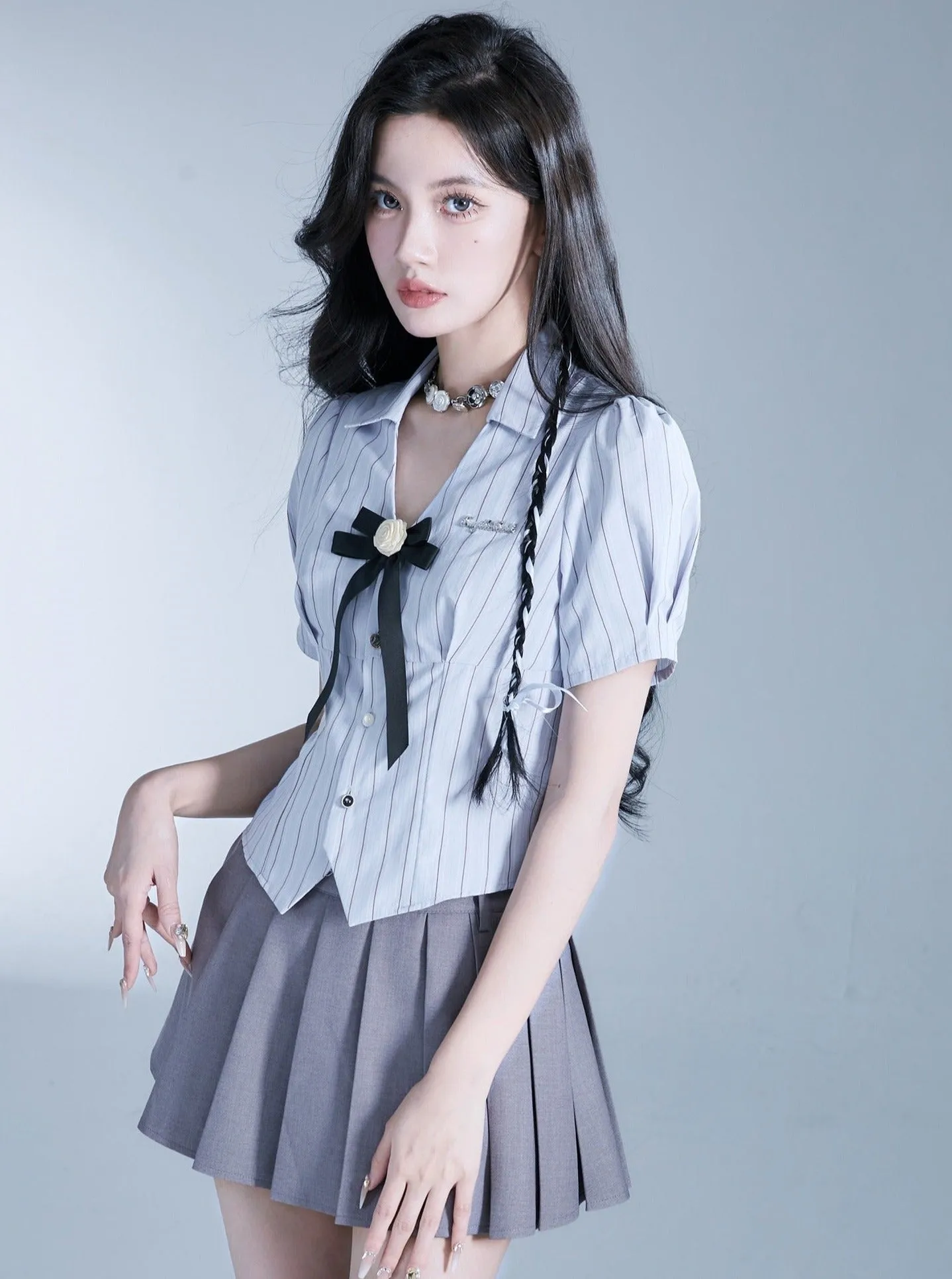 Fragile Heart Preppy Duo: Gray Pleated Mini Skirt and Bow-Tie Cropped Blouse Set