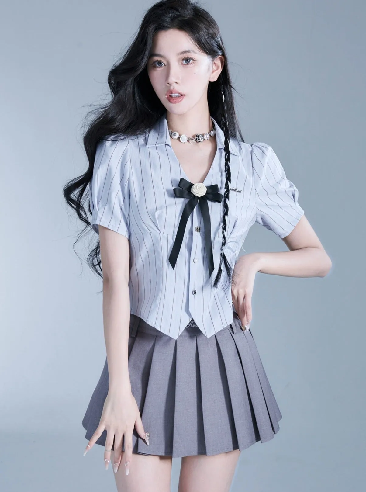 Fragile Heart Preppy Duo: Gray Pleated Mini Skirt and Bow-Tie Cropped Blouse Set