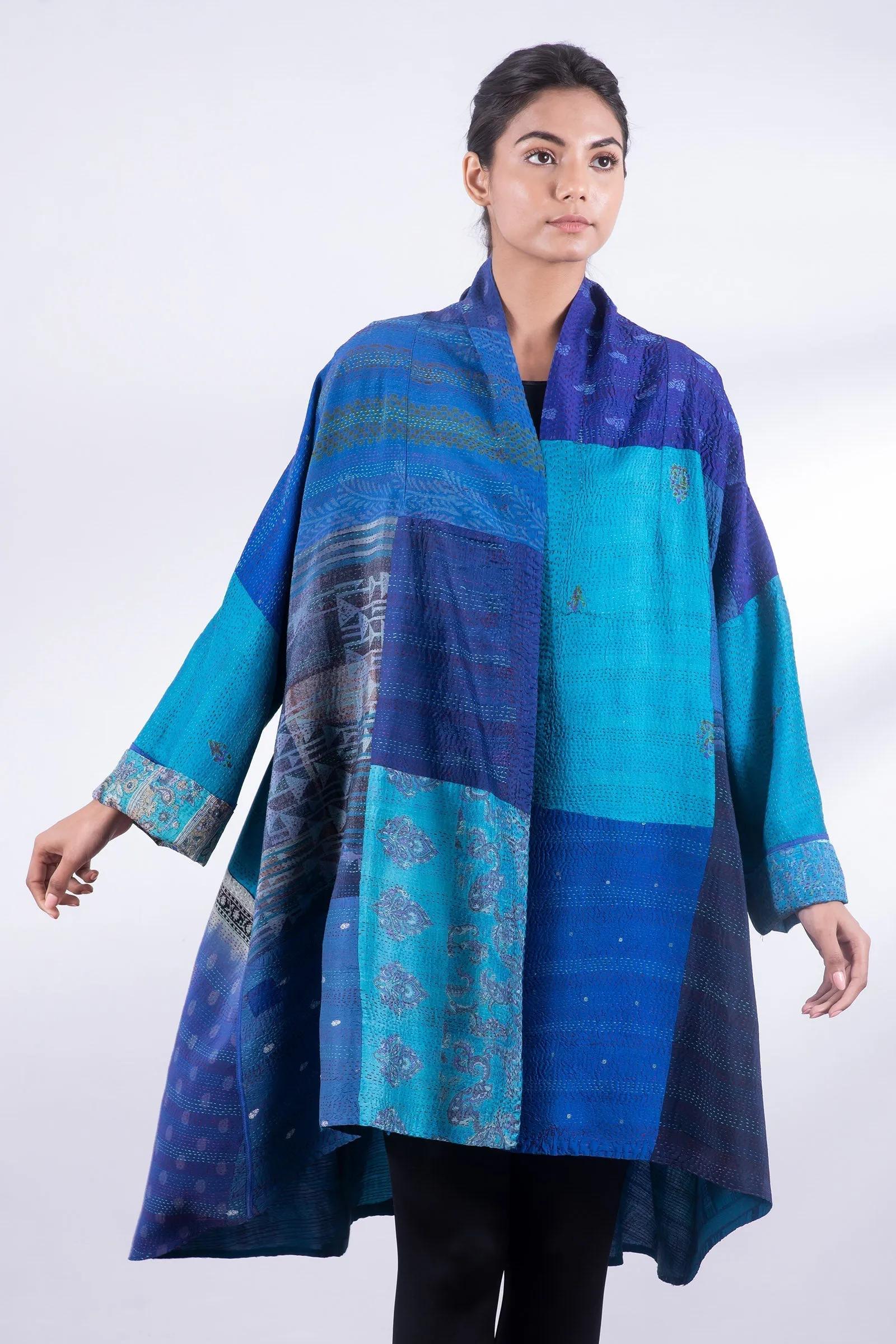 GEORGETTE VINTAGE SILK PATCH KANTHA KIMONO LONG JKT - gs2005-blu -