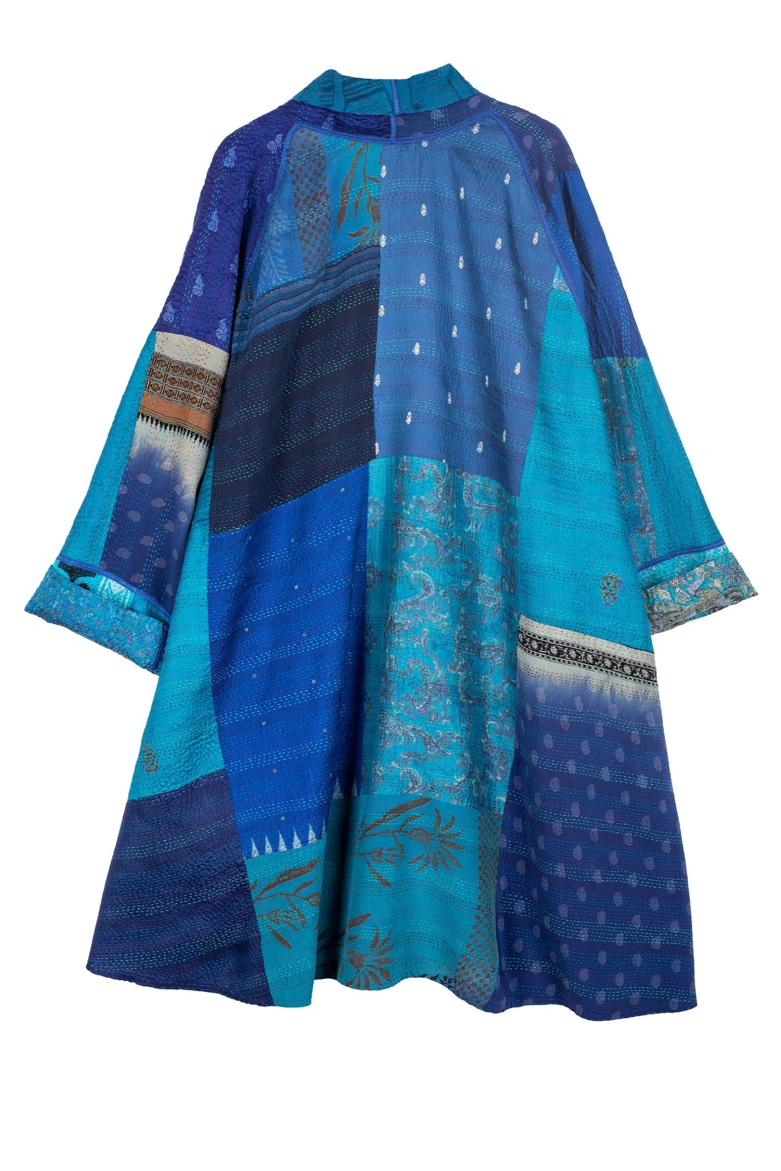 GEORGETTE VINTAGE SILK PATCH KANTHA KIMONO LONG JKT - gs2005-blu -