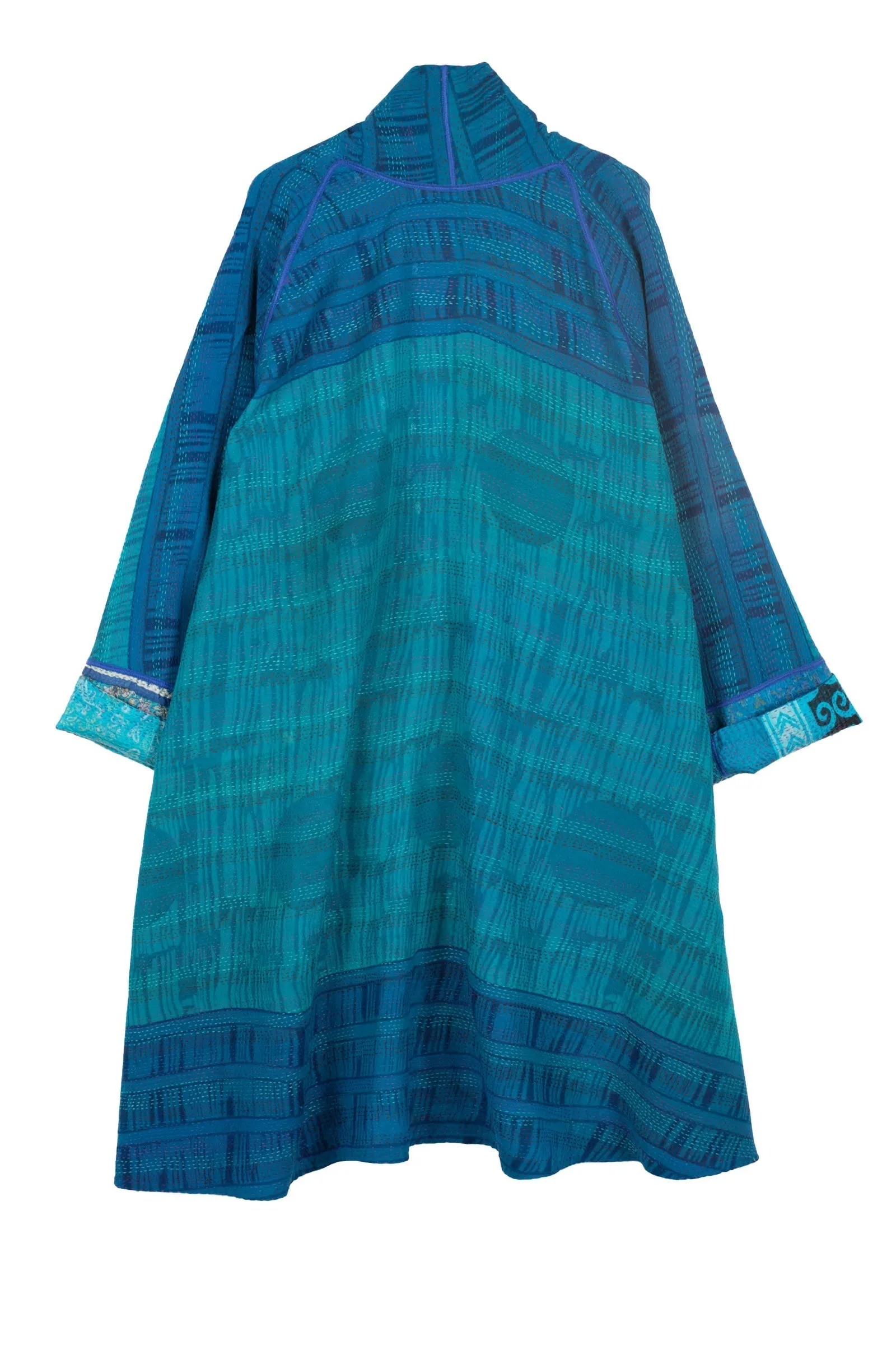 GEORGETTE VINTAGE SILK PATCH KANTHA KIMONO LONG JKT - gs2005-blu -