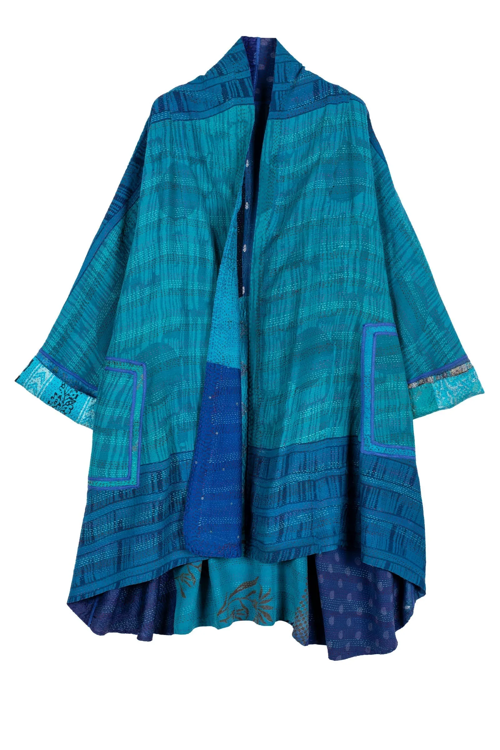 GEORGETTE VINTAGE SILK PATCH KANTHA KIMONO LONG JKT - gs2005-blu -