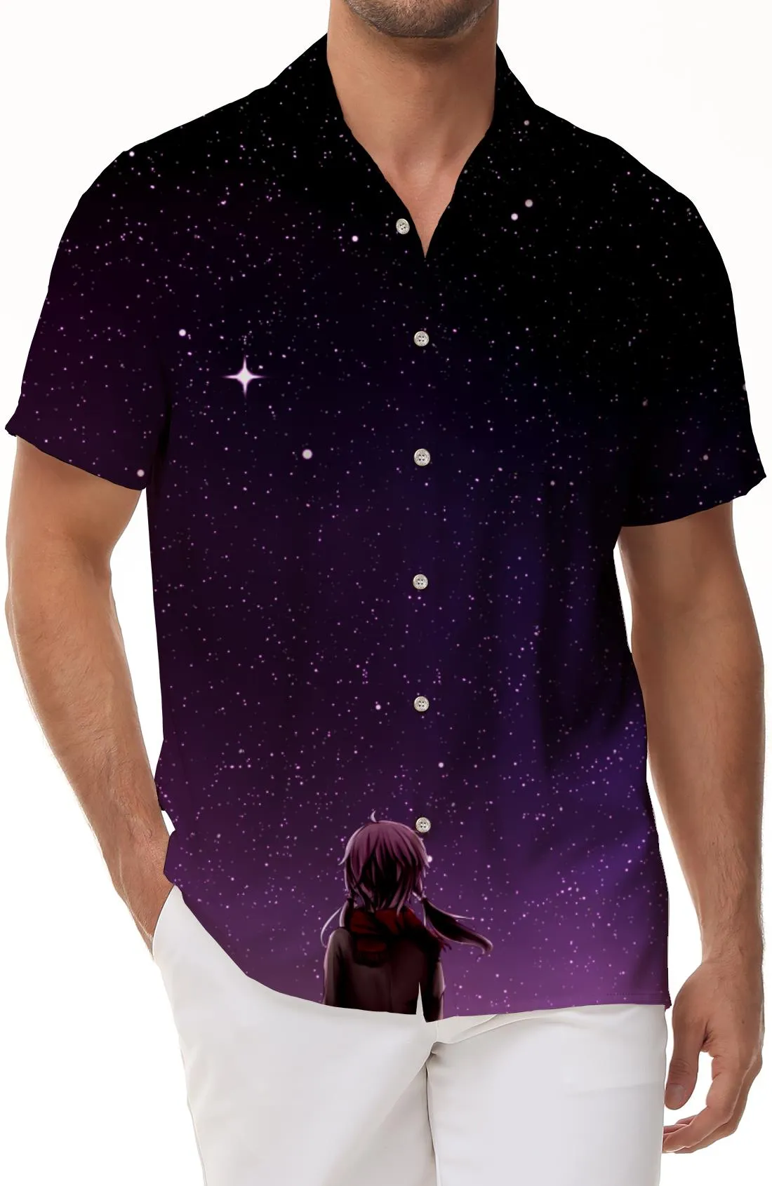 Girls background purple starry sky men short sleeve shirt button top casual hawaiian beach with pockets