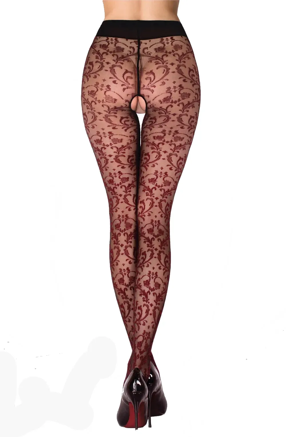 Gorgeous Sheer Black Stunning Red Swirls All Over Design Crotchless Tights