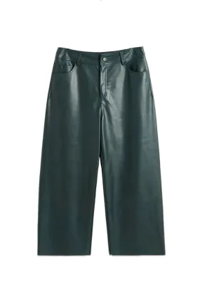 Green Faux Leather Cropped Wide Leg Trousers