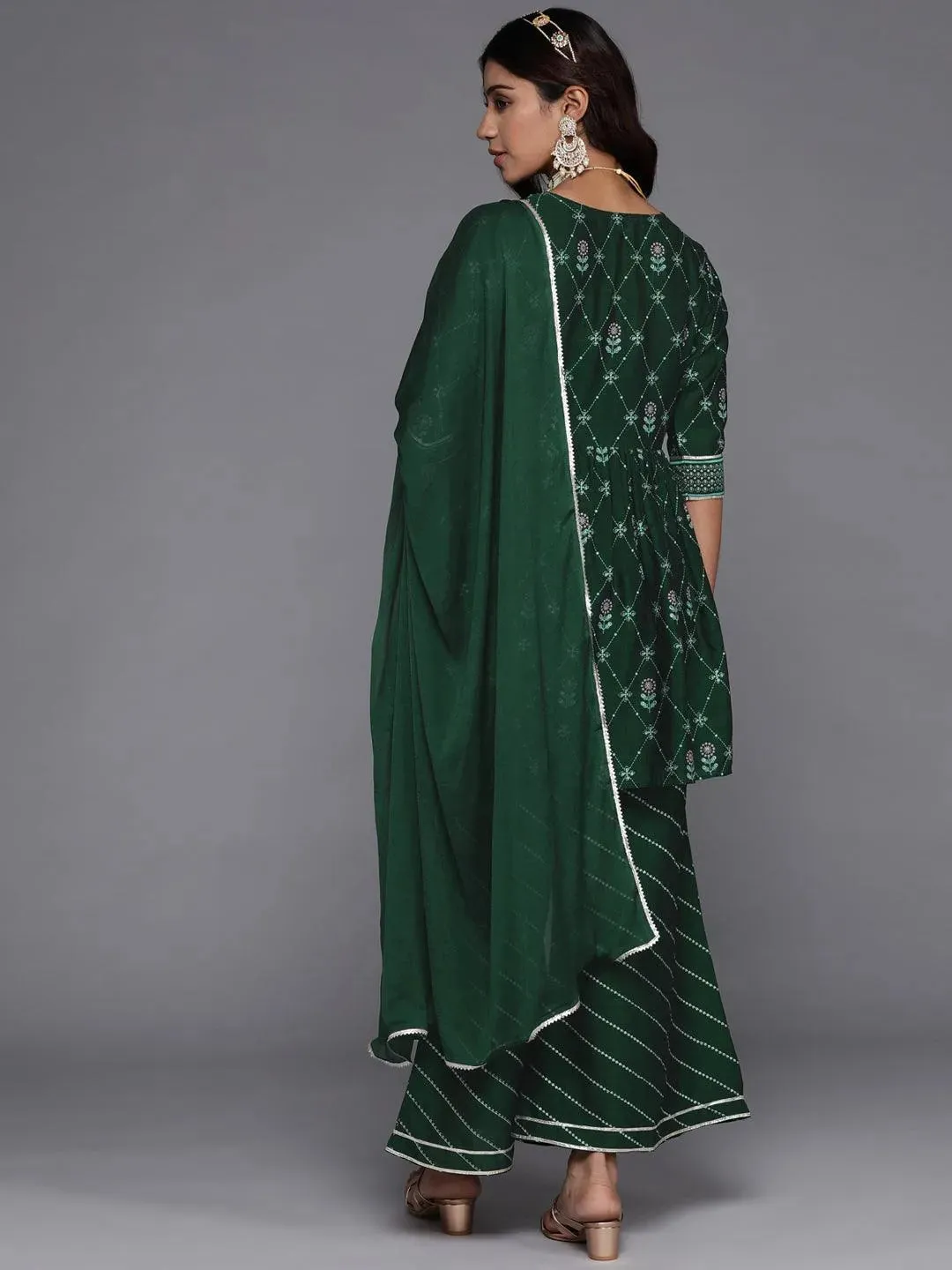 Green Printed Silk Blend A-Line Kurta With Palazzos & Dupatta