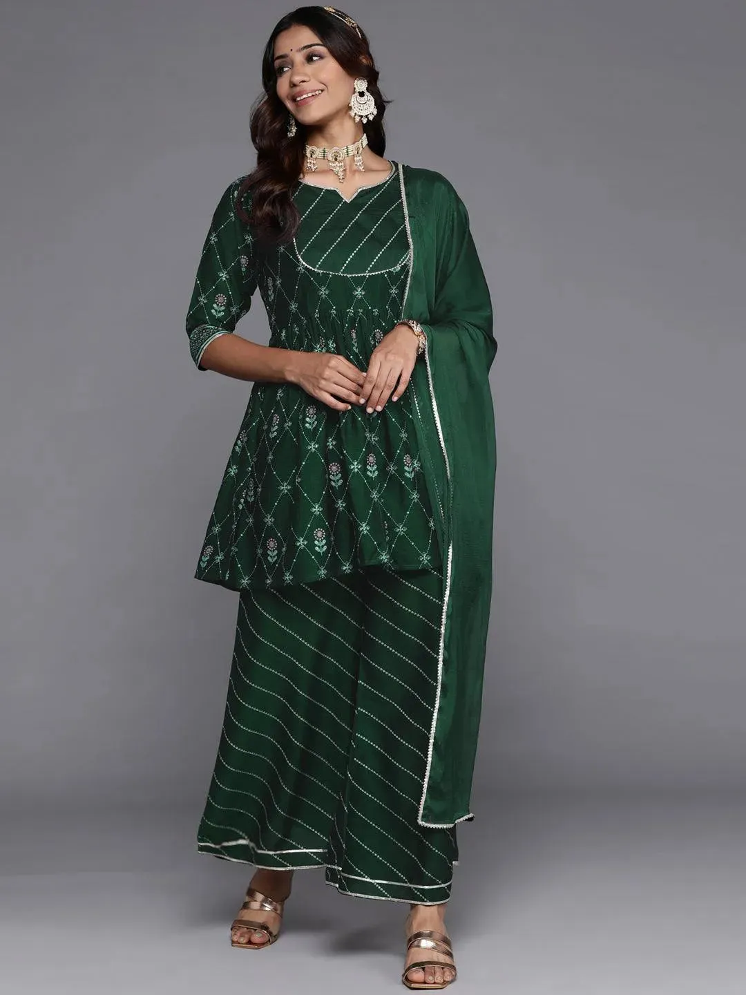 Green Printed Silk Blend A-Line Kurta With Palazzos & Dupatta