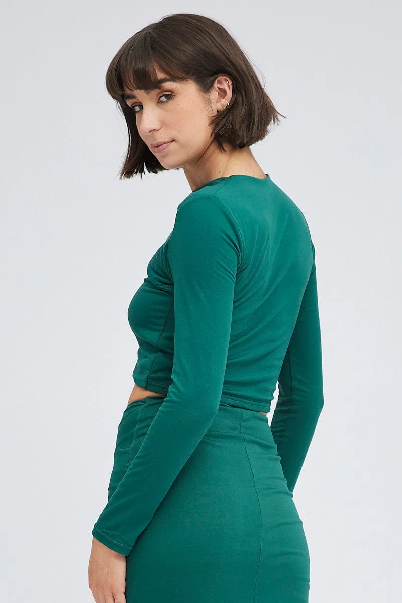 Green Top Long Sleeves Twisted Neck